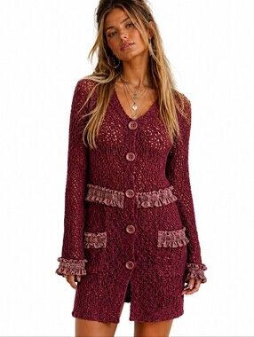 Y2k Burgundy Red Crochet V-Neck Button-Front Boho Lace Trim Long Cardigan